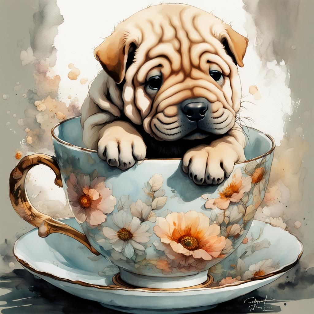 Watercolor Shar Pei Puppy in Floral Teacup
