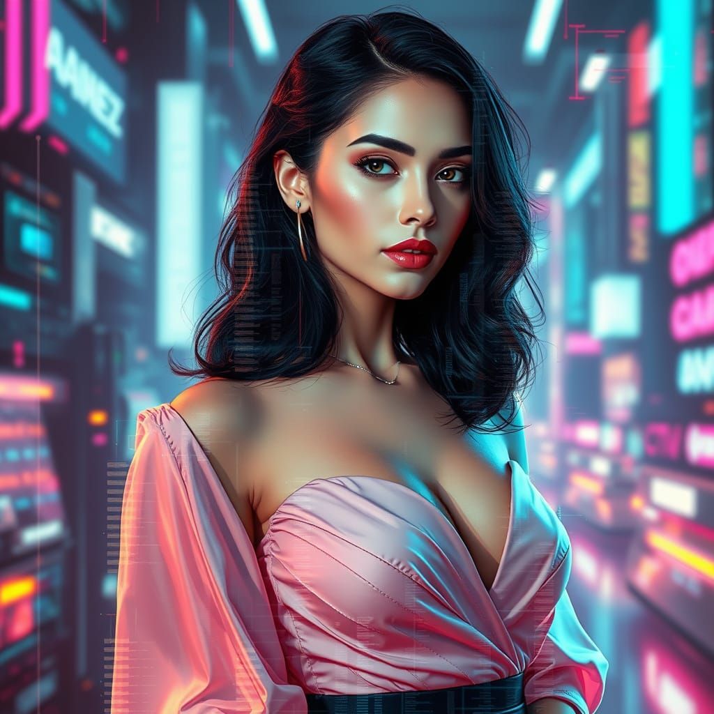Brunette in Elegant Attire in Cyberpunk Style