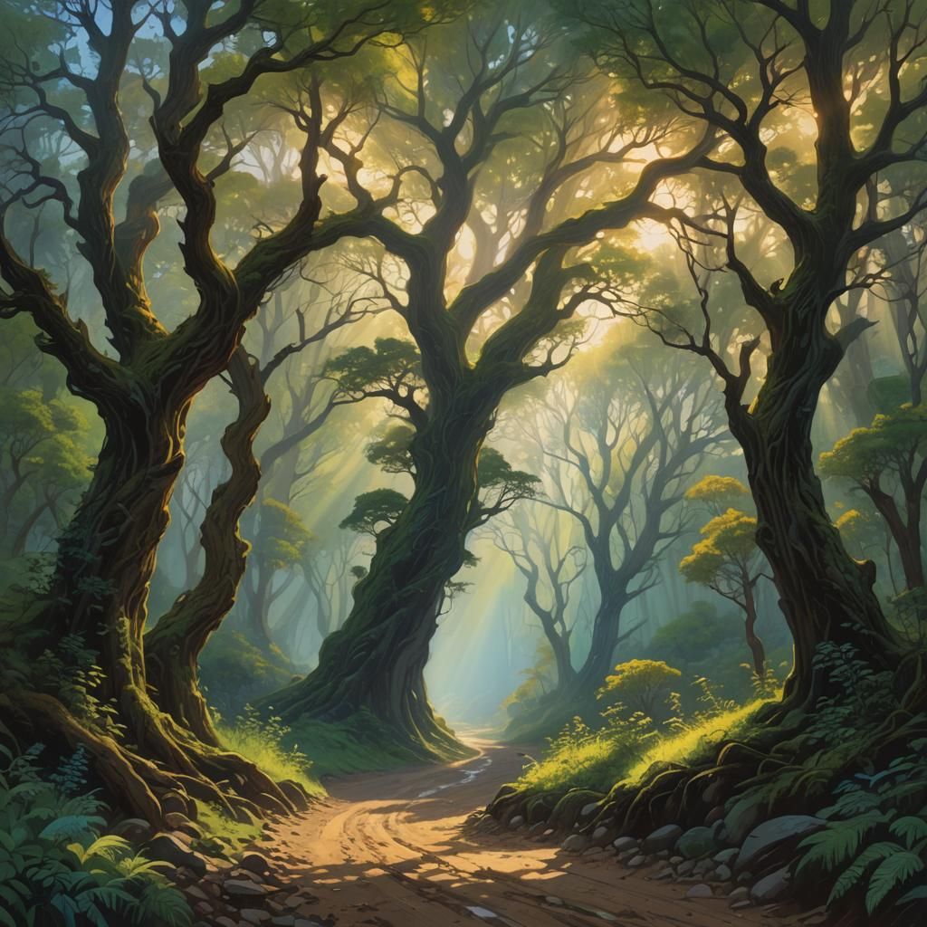 Sunlit Forest Road with Creek, Painted Style