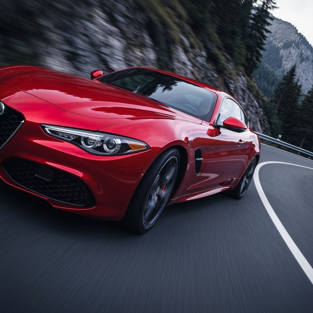 Red Alfa Romeo on Mountain Road in Retro-Futuristic Style