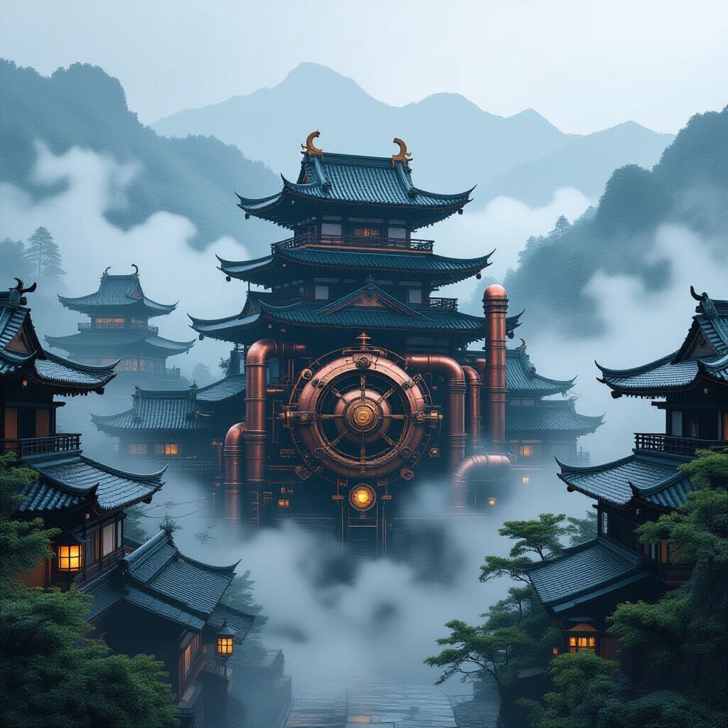 Steampunk Feudal Japan in Misty Mountains