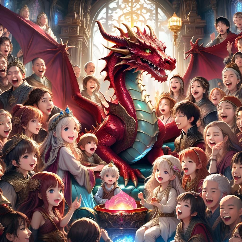 Mythical Dragon Enthroned Among Adoring People