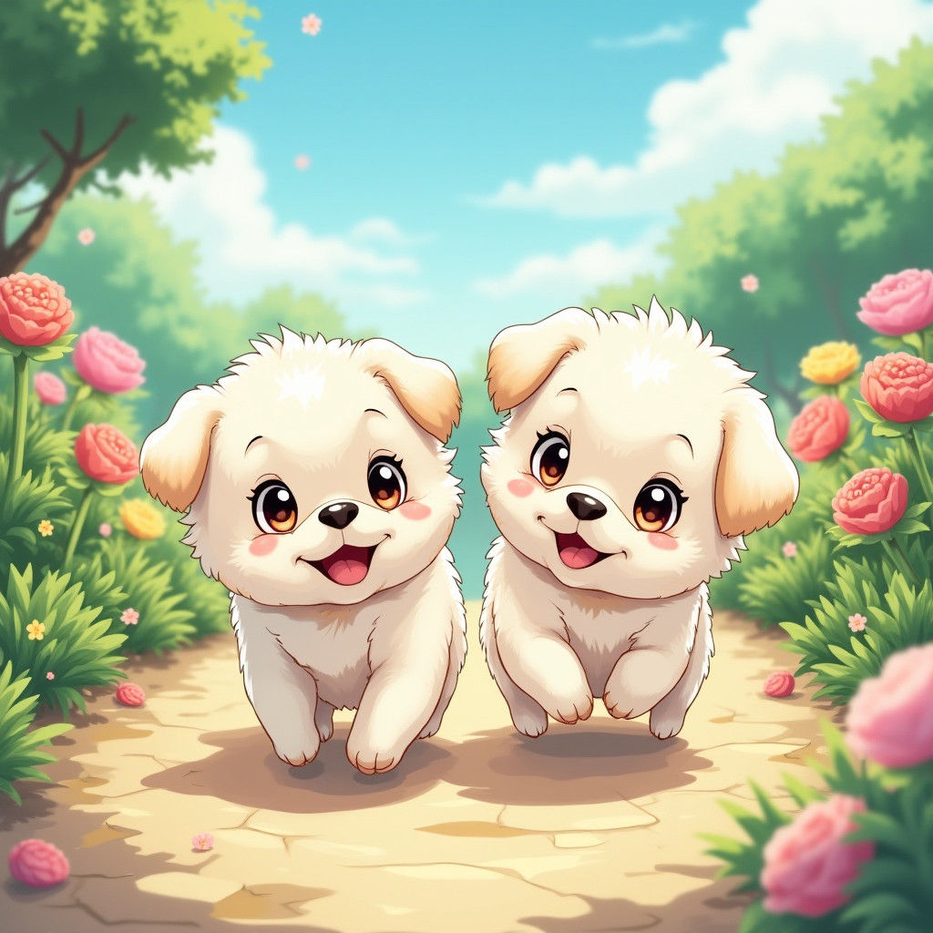 Fluffy Puppies Frolicking in a Vibrant Anime Garden
