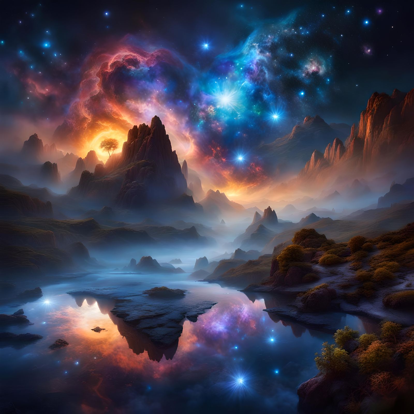 Mystic Starry Night in Colorful Fantasy World