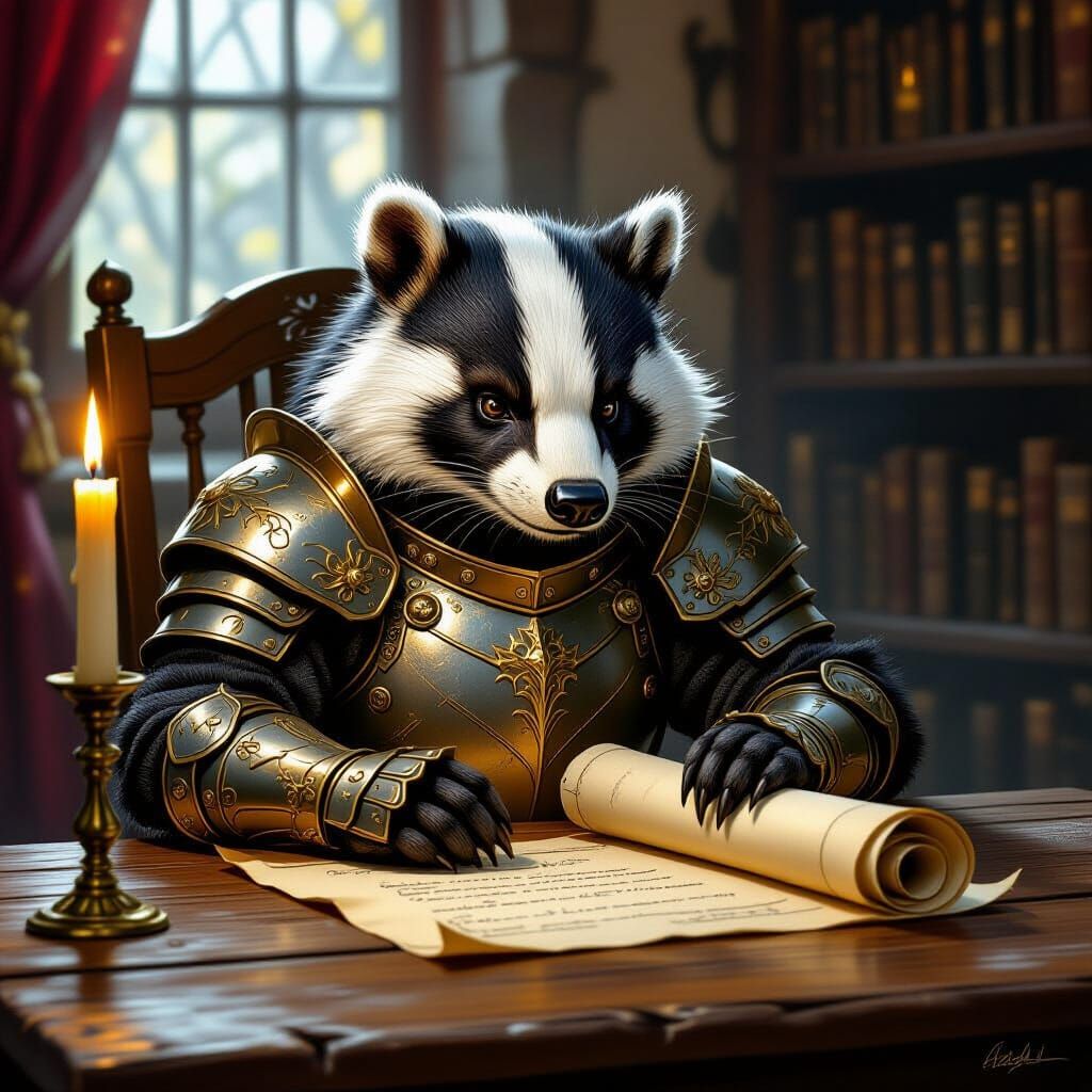 Wise Badger Knight Studies Scroll by Candlelight