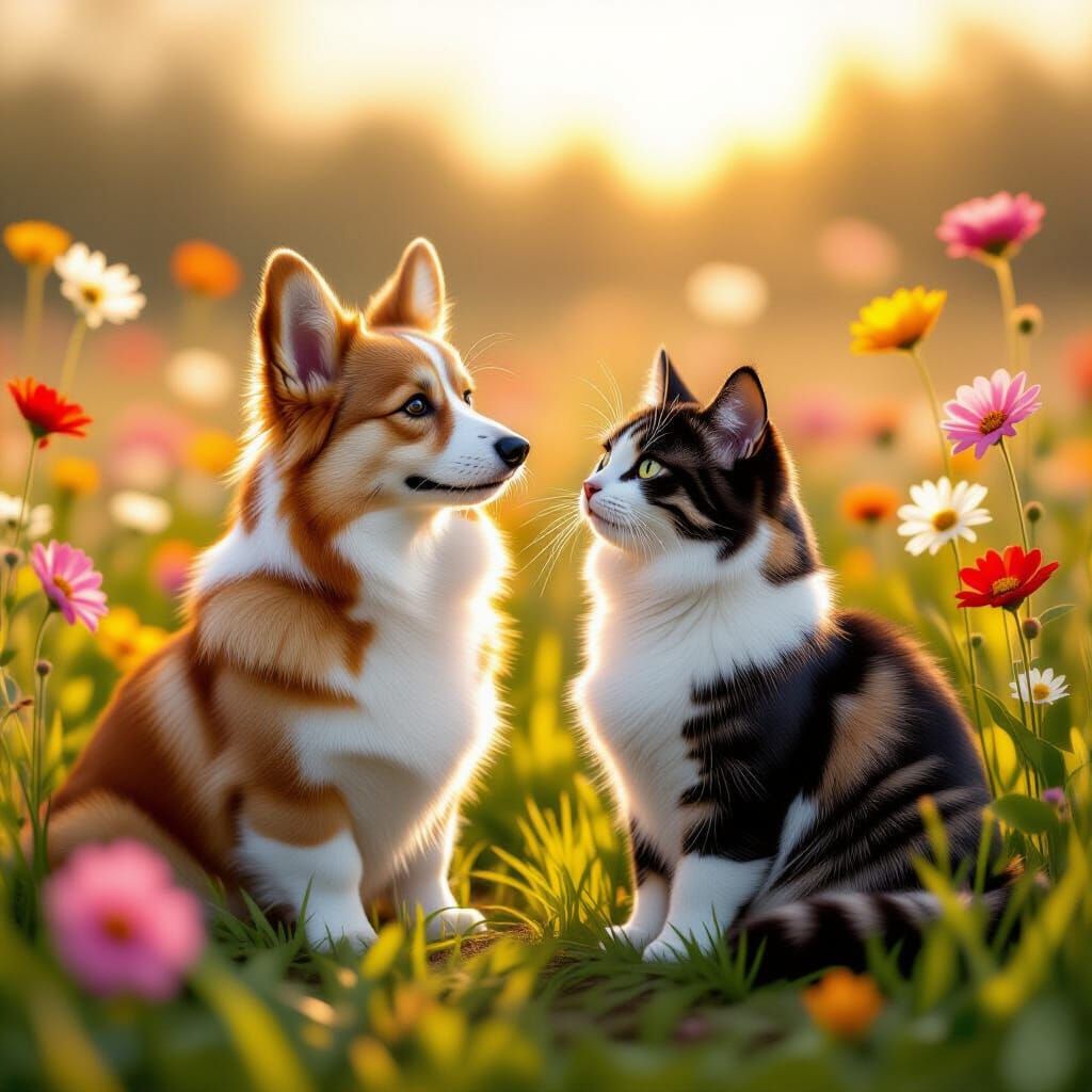 Corgi and Cat in Spring Meadow, Detailed Matte Painting