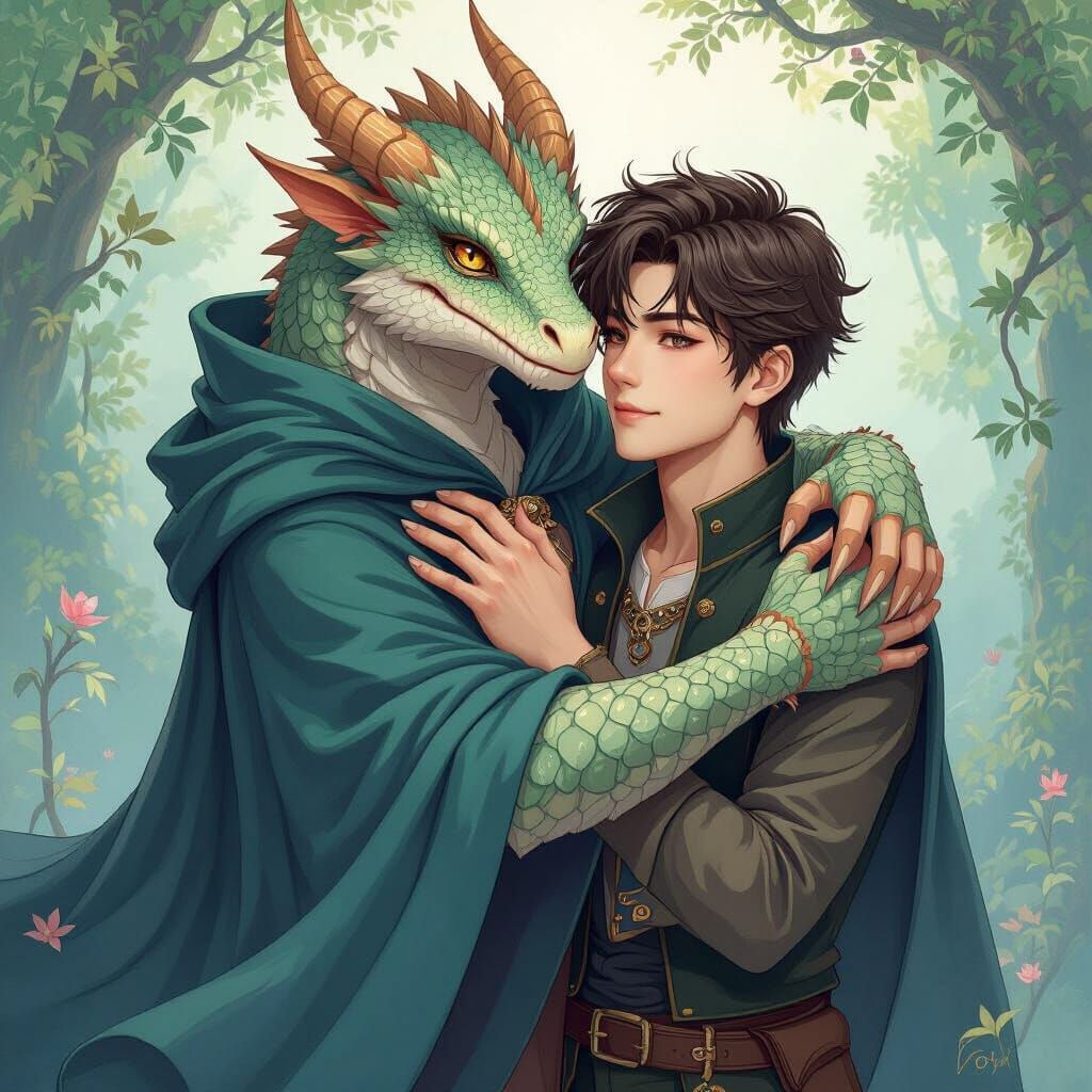 Fantastical Creature's Embrace in Dreamlike Illustration