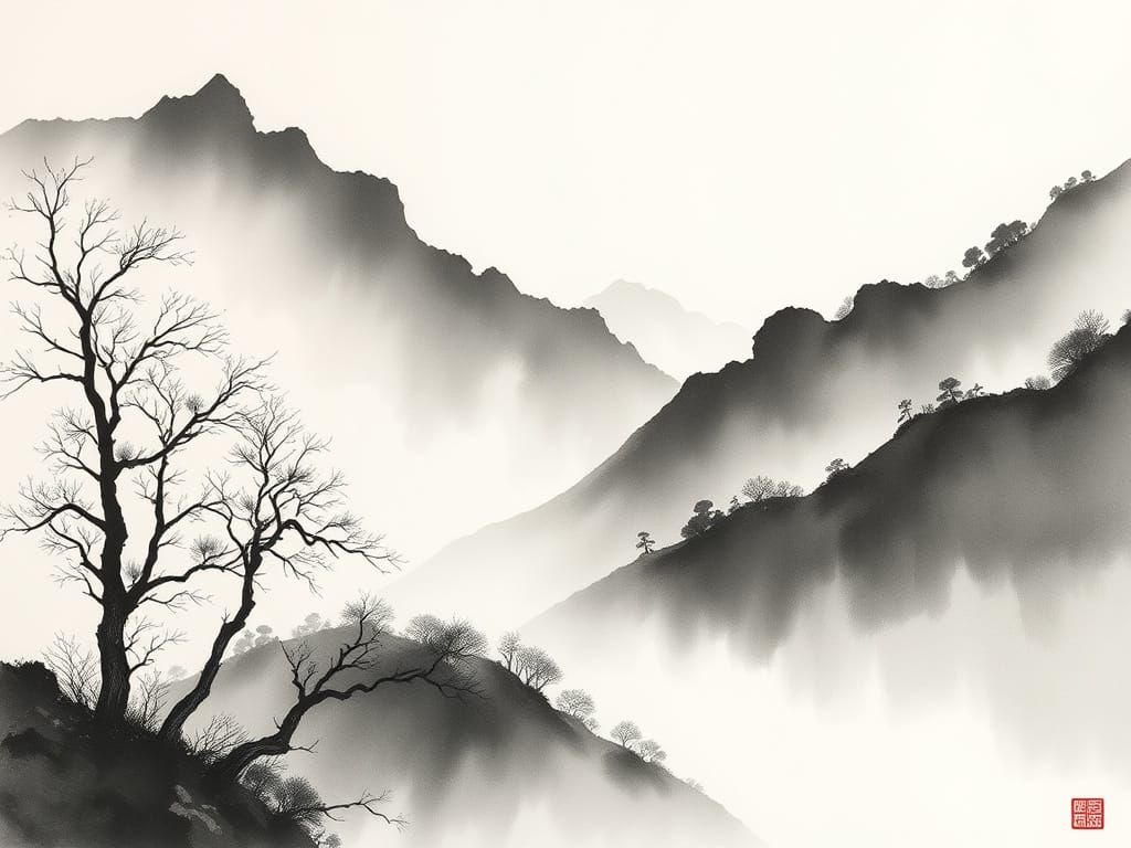 Misty Mountain Sumi-e Ink Landscape
