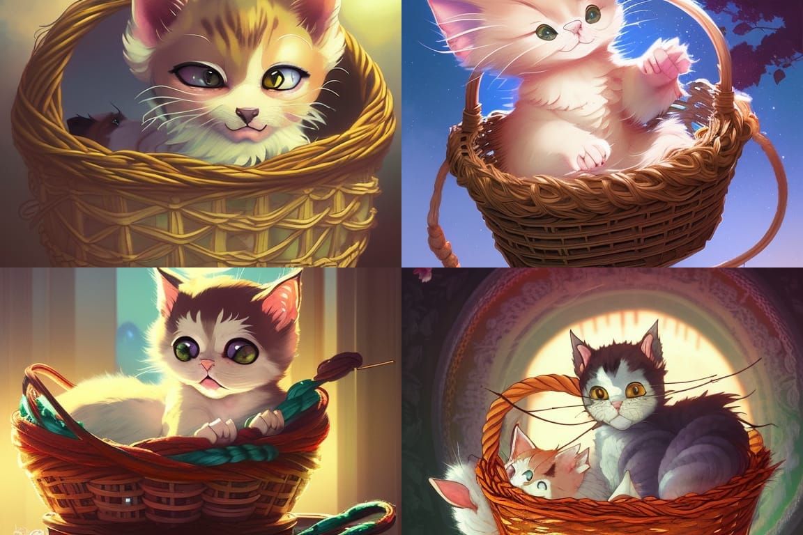 Sleepy Kitten in Yarn Basket, Ghibli Style