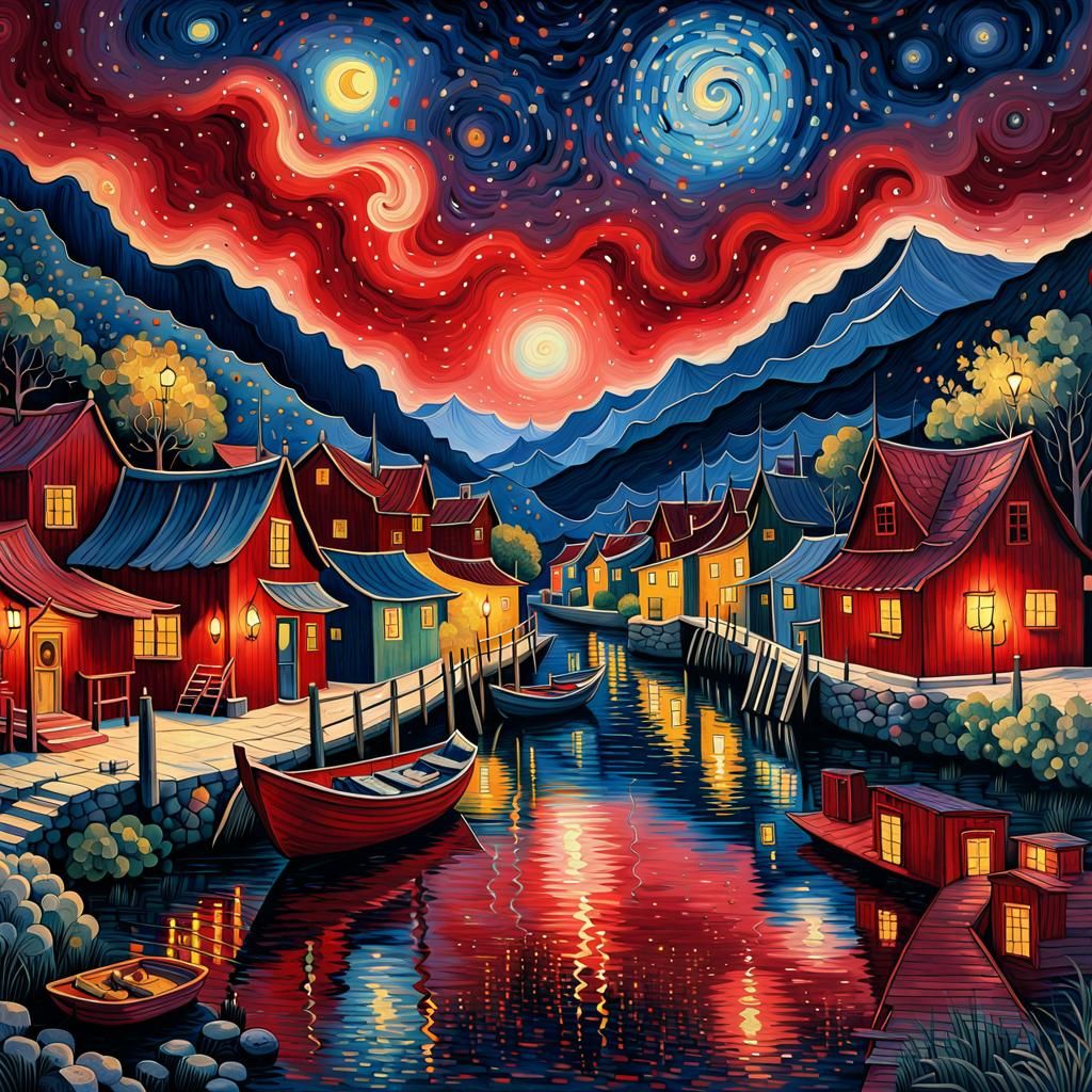 Van Gogh Style Heatmap of Starry Fishing Village