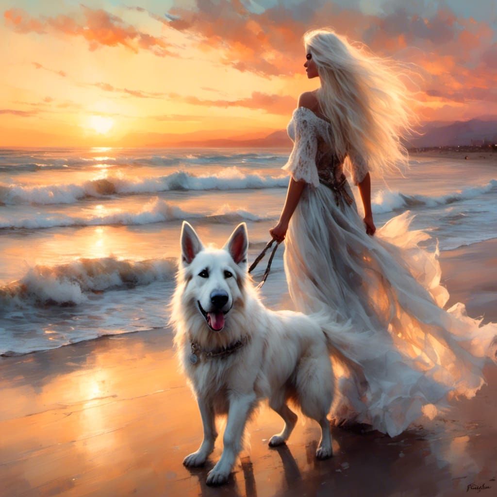 Woman and Dog at Sunset: Oil Painting Style