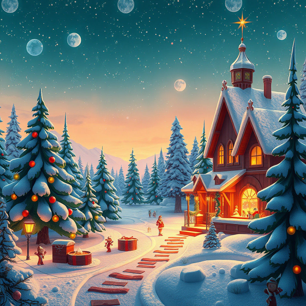 Whimsical Christmas Scenery in Cartoon Art Style