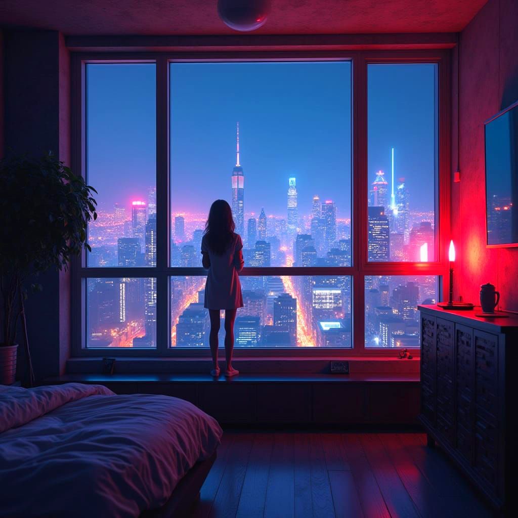 Neon City View from Loft Apartment