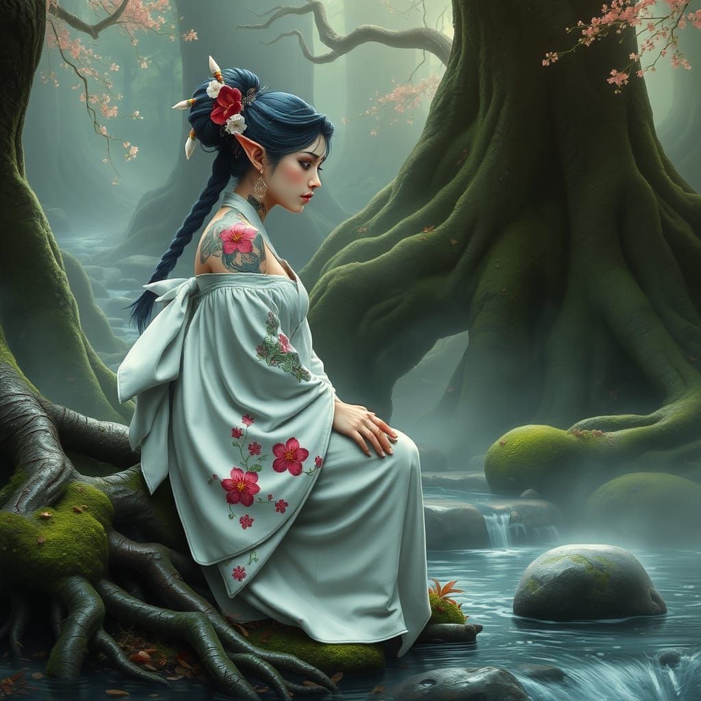 Ethereal Elf Geisha Mourning in Japanese Forest