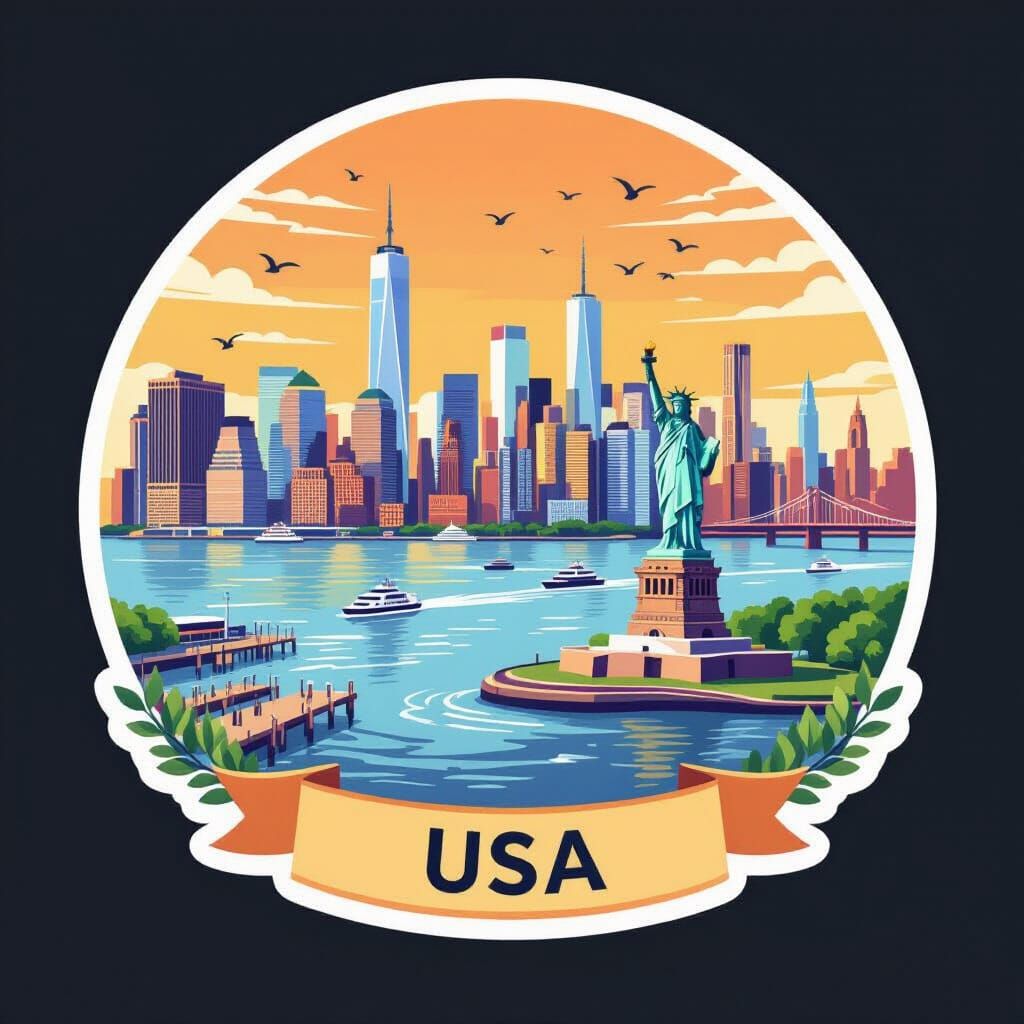 Vibrant USA Travel Sticker: Urban Coastline Scene