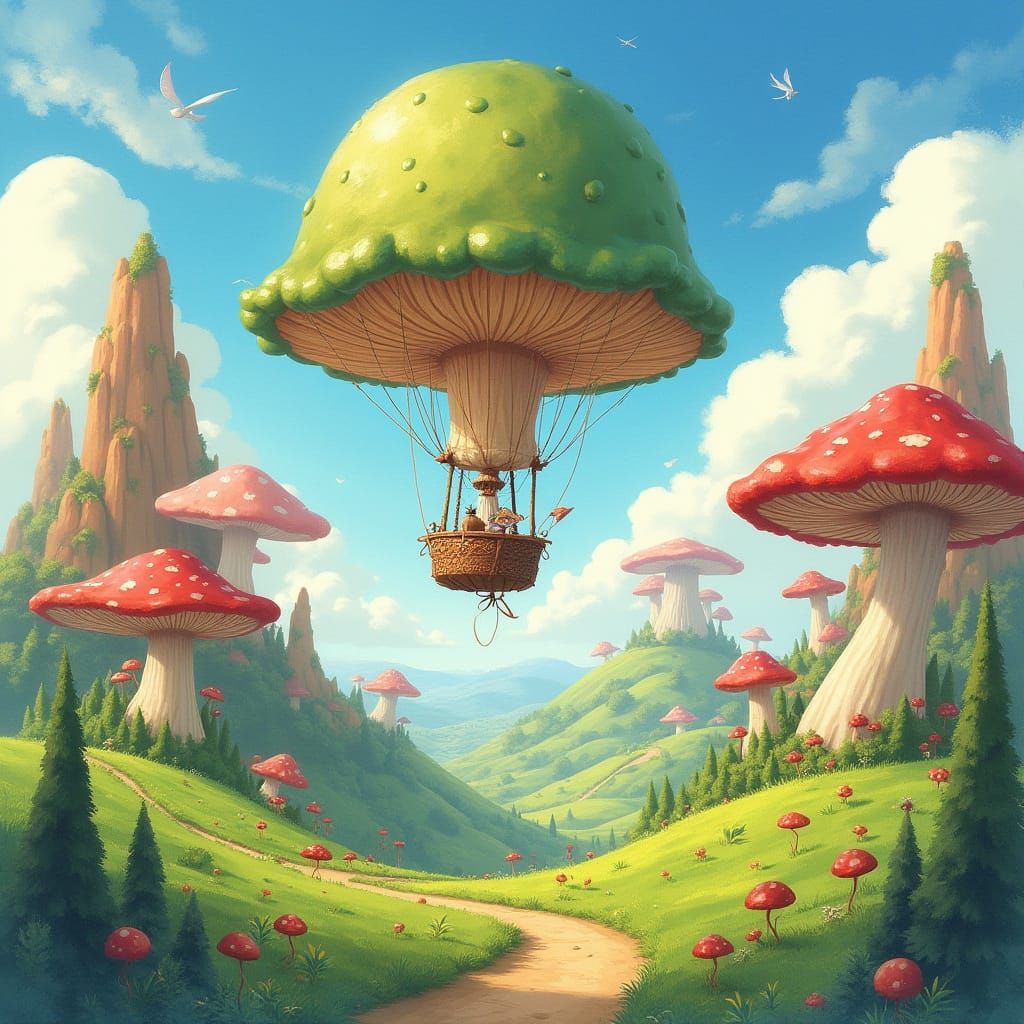 Whimsical Hot Air Balloon Over Mushroom Planet