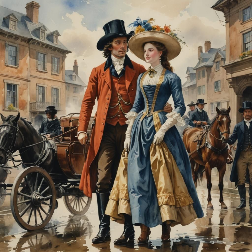 Charming Watercolor Painting of a Lady and Gentleman in 1650