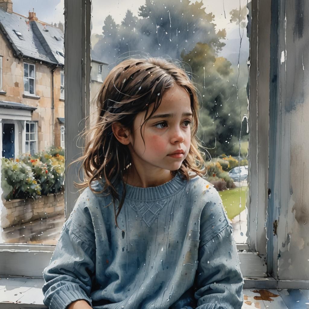 Watercolor Girl Watching Rainy Cornwall Landscape