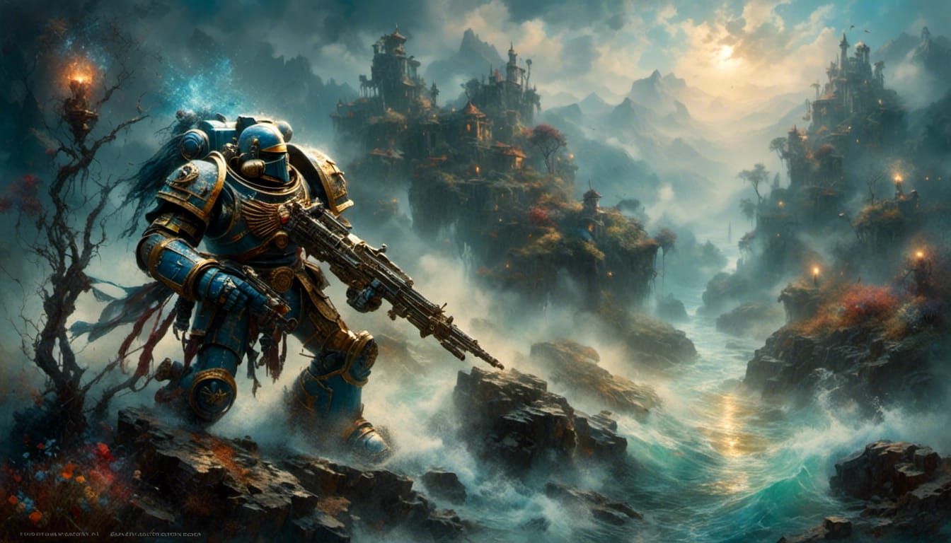 Detailed Space Marine Portrait in Ethereal Landscape
