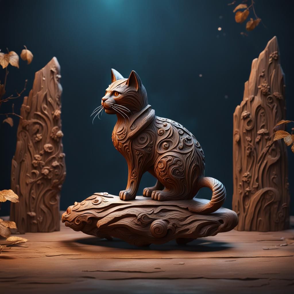 Whittled Wood Cat Carving: Detailed Matte Painting