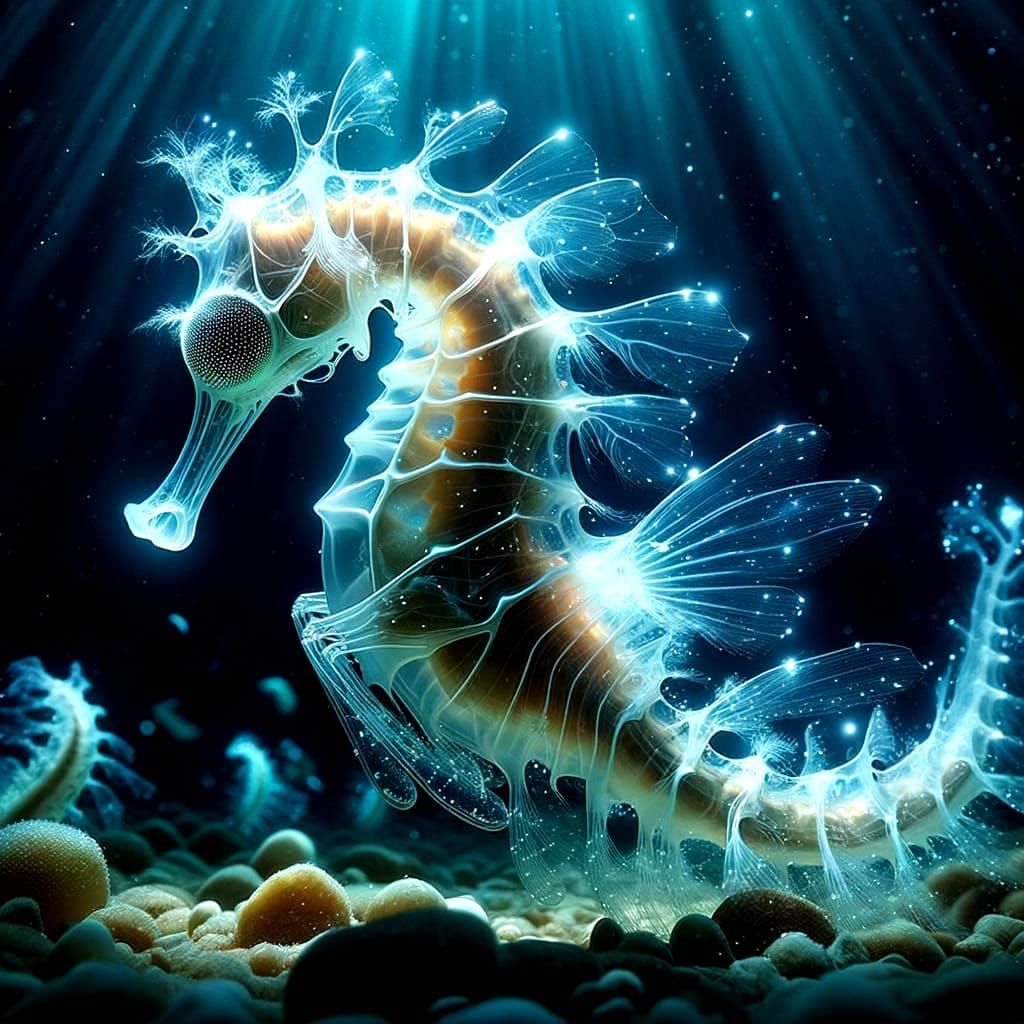 Bioluminescent Equine Seahorse Roaming Underwater