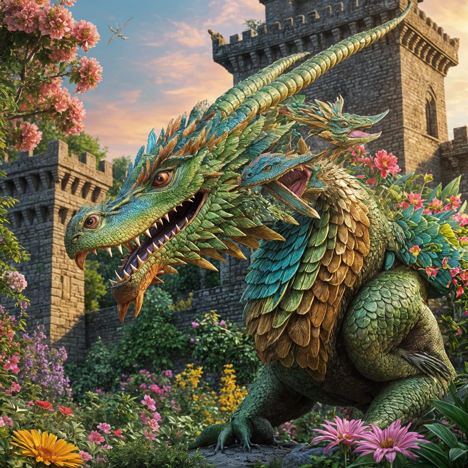 Quetzalcoatl Dragon Flies into Colorful Garden in 3D
