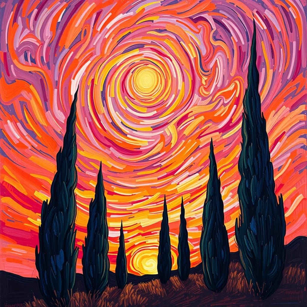 Swirling Cypress Landscape at Sunset in Post-Impressionist S...