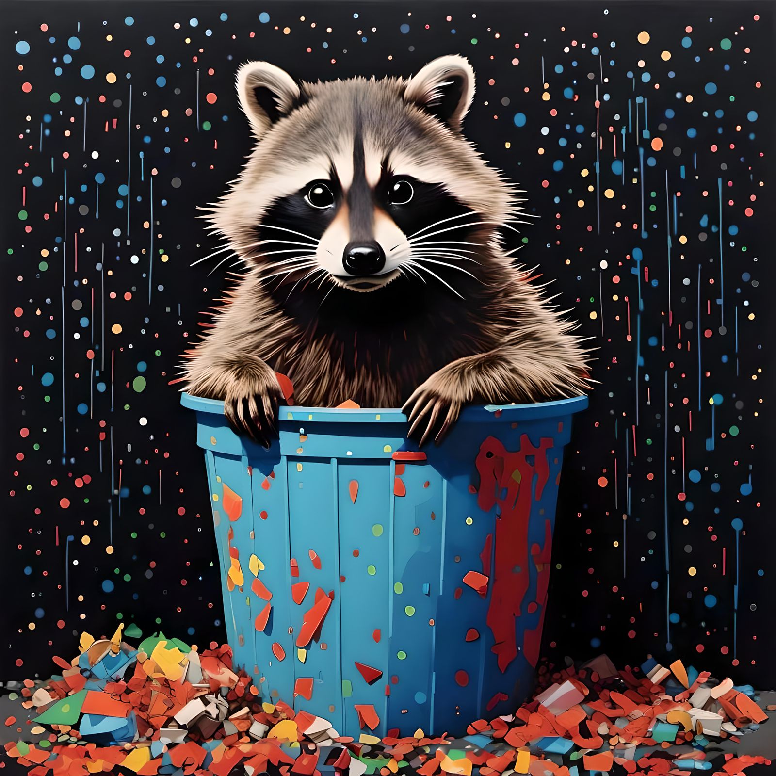 Raccoon in Trash Bin Art in Chalkboard Style