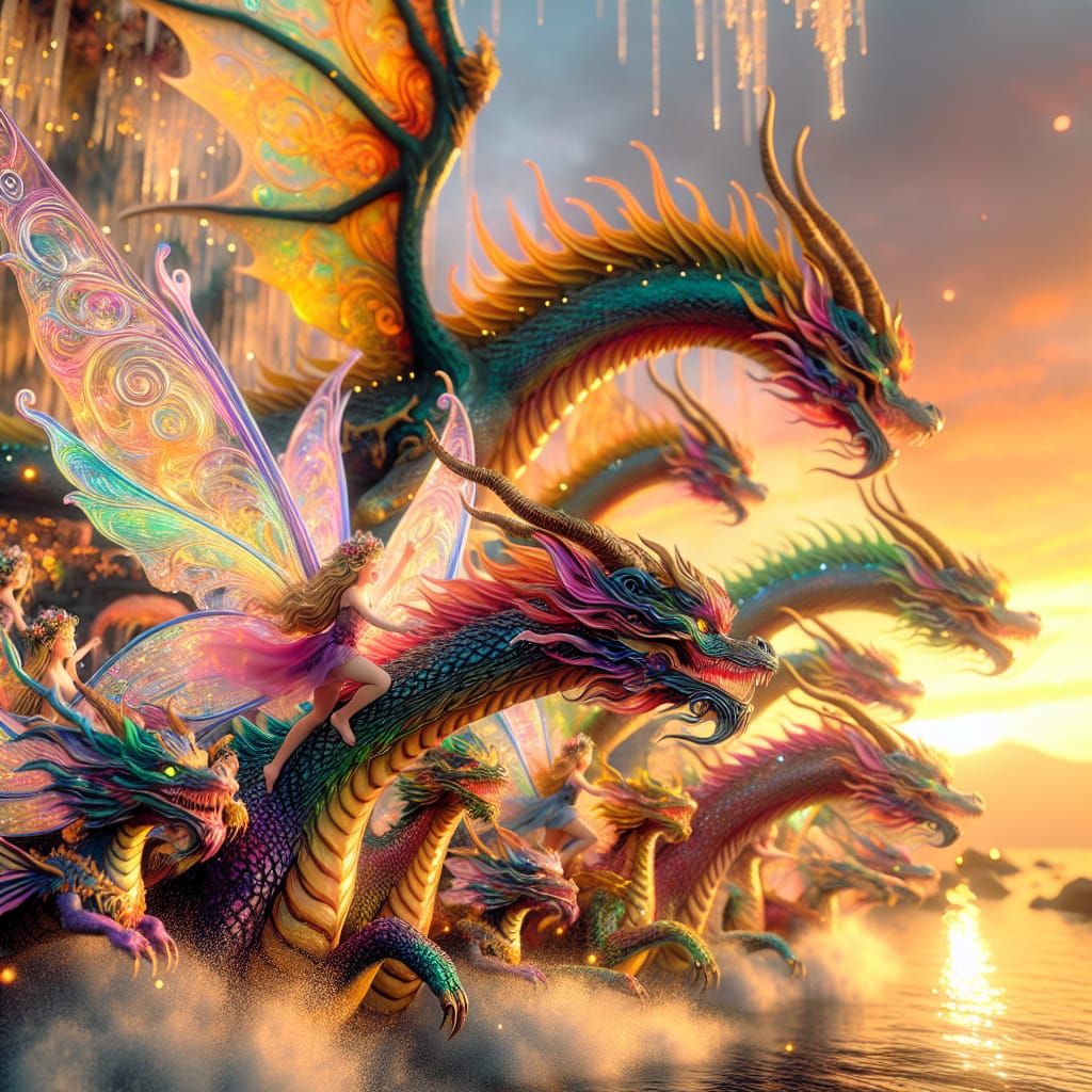 Fairies Ride Rainbow Dragons in Sunset Scene