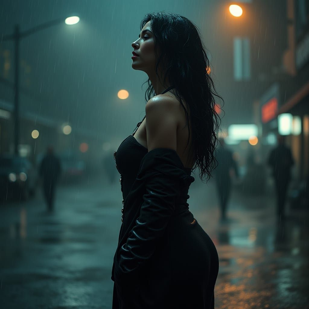 Cinematic Woman in Rainy Hourglass Figure Portrait