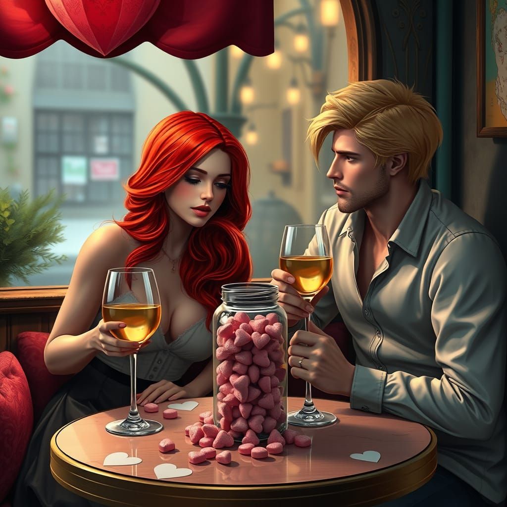 Romantic Cafe Scene in Whimsical Fantasy Style