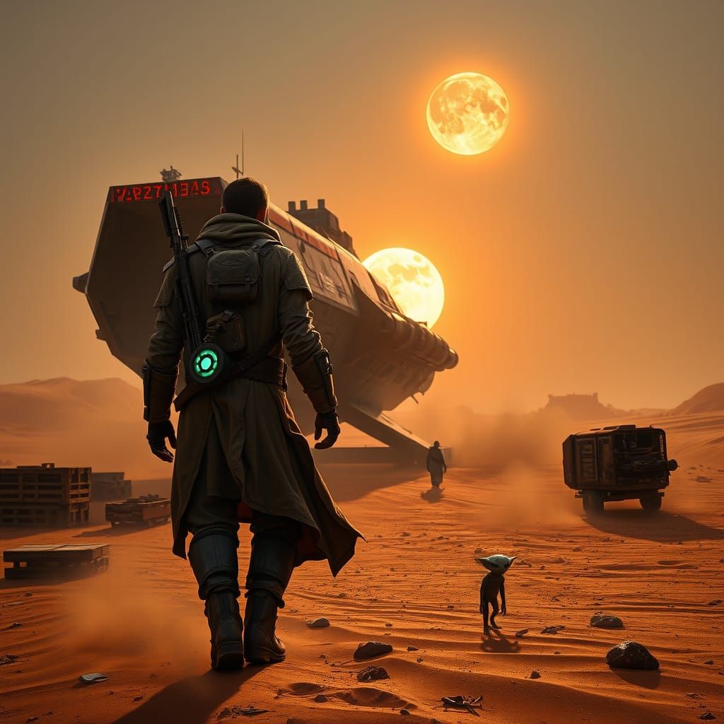 Rugged Bounty Hunter Approaches Starship in Desert Landscape