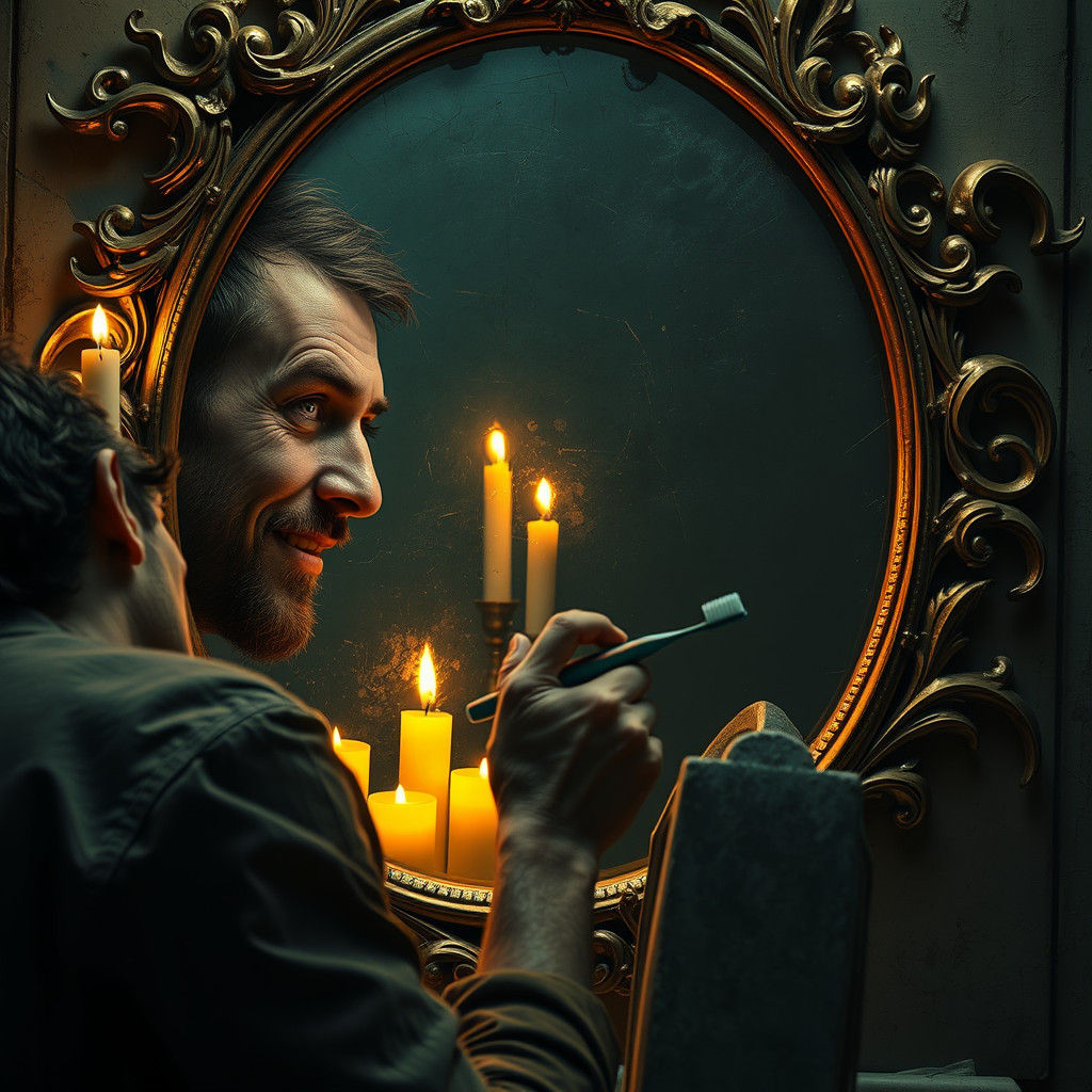Man's Reflection Shows Mischievous Smile in Antique Mirror