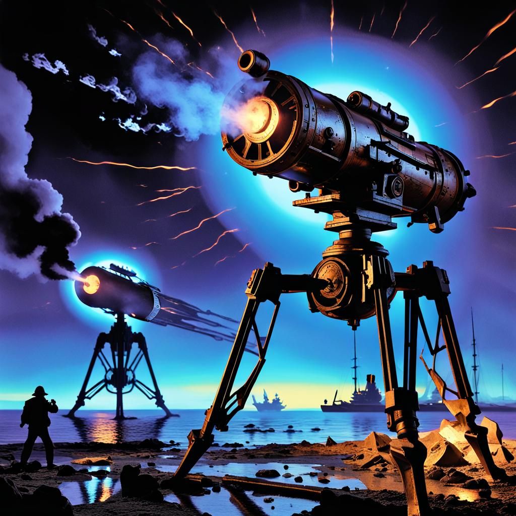 Dieselpunk Martian Tripod Destroyed on Shore