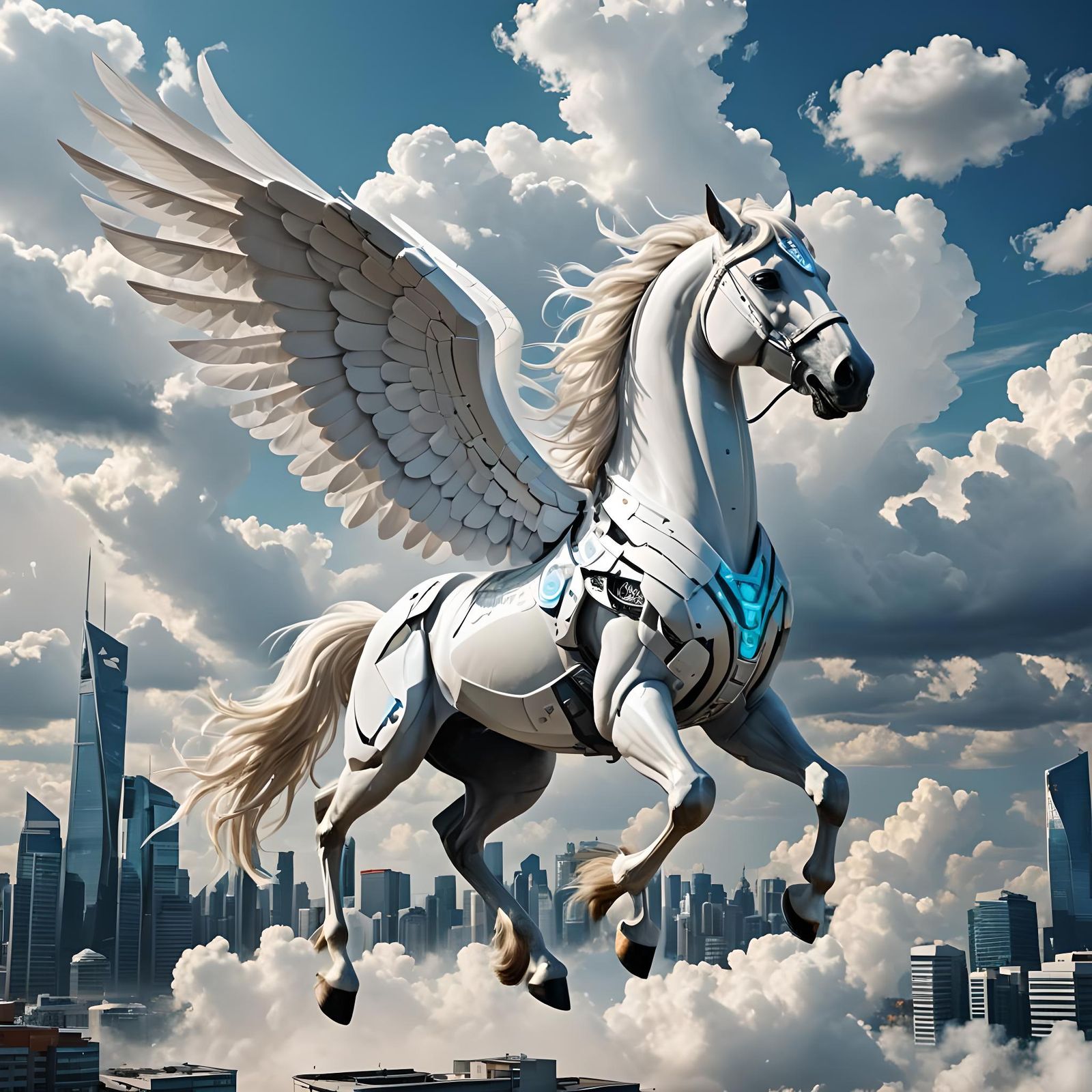 Pegasus Flies Above Futuristic Cityscape