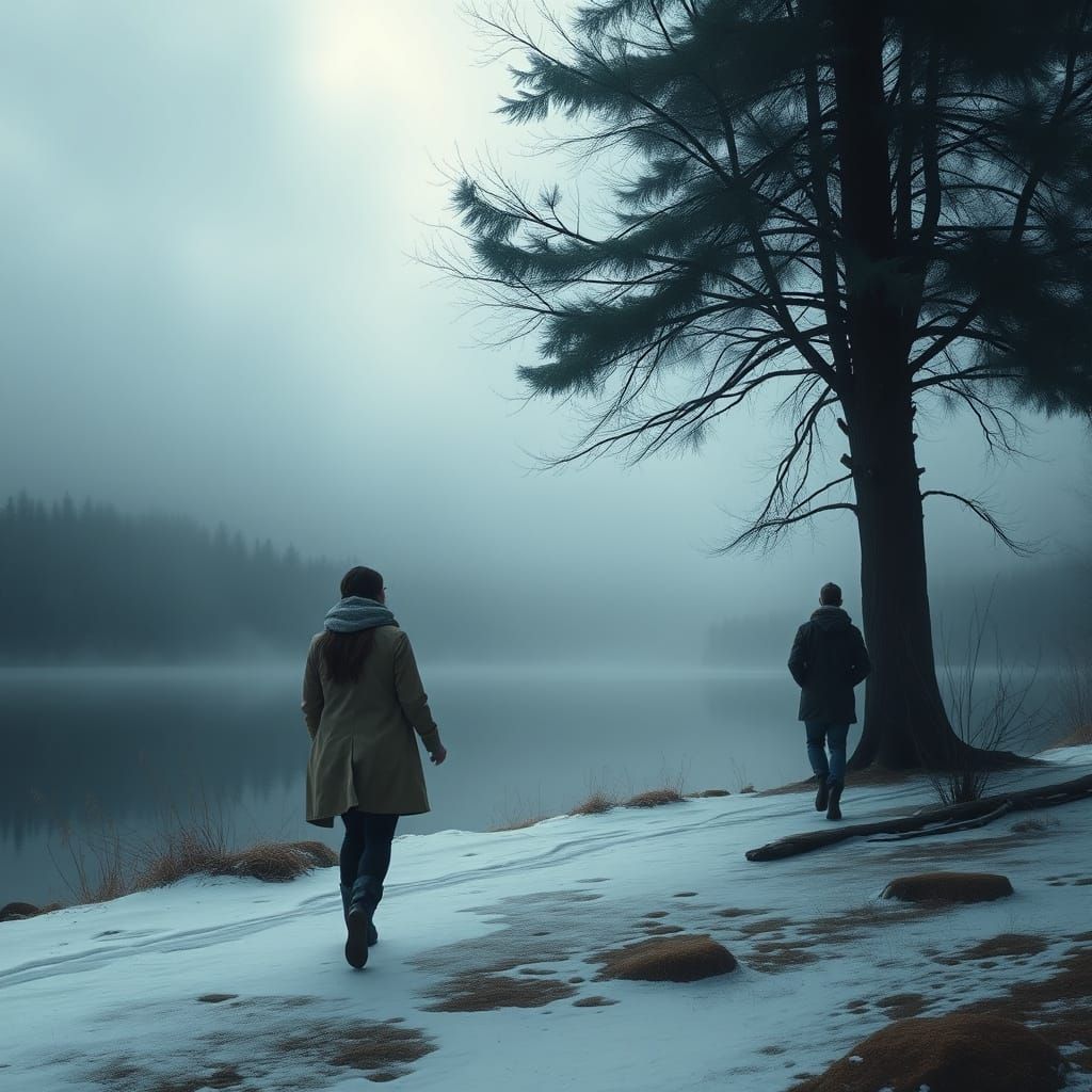 Serene Lake Walk: Digital Painting in Gloomy Ambiance