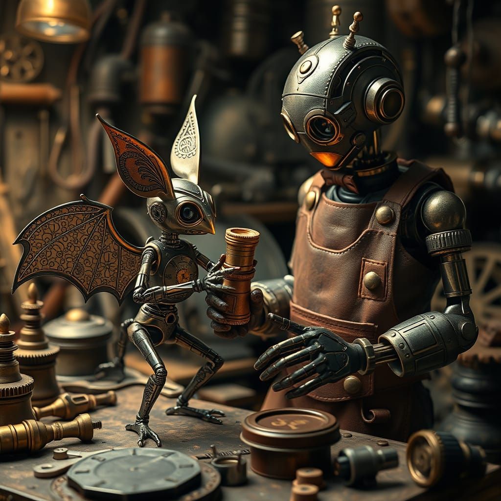 Steampunk Clockwork Bat Robot Works Beside Human Android in ...