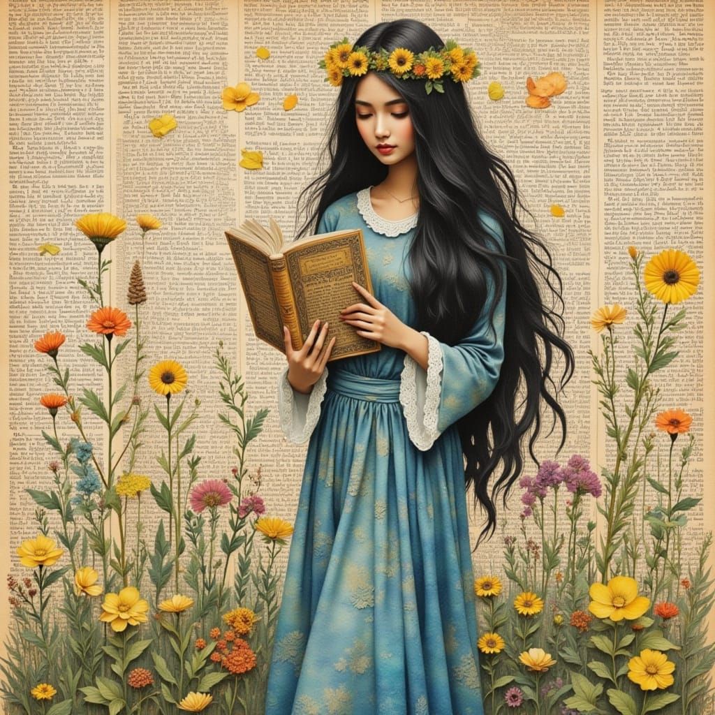 Dreamy Woman with Wildflowers in Watercolor Style