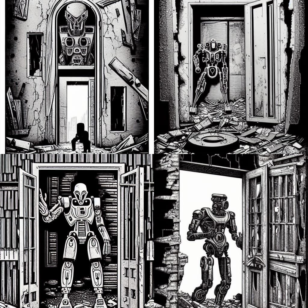 Decopunk Cyborg in Apocalyptic Factory Ruins