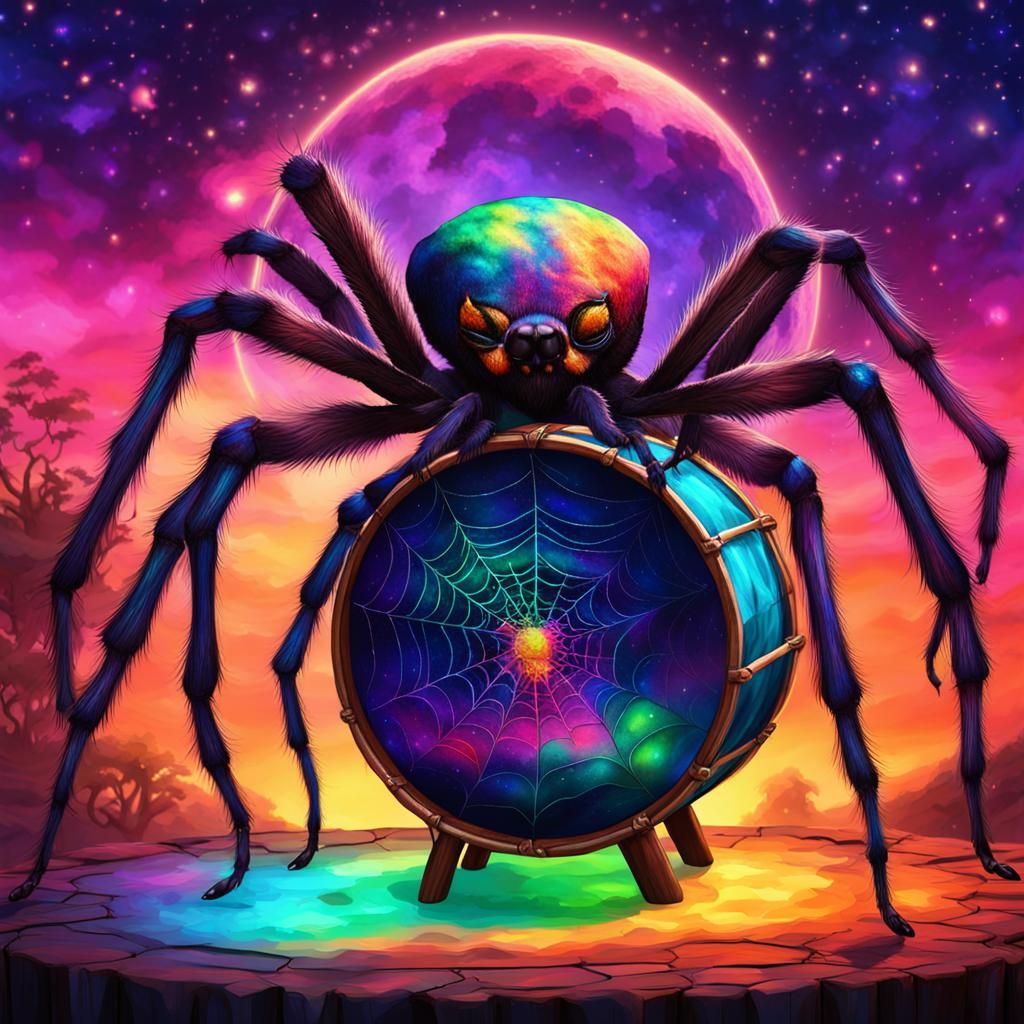 African Spider Dances at Twilight in Magic Realism