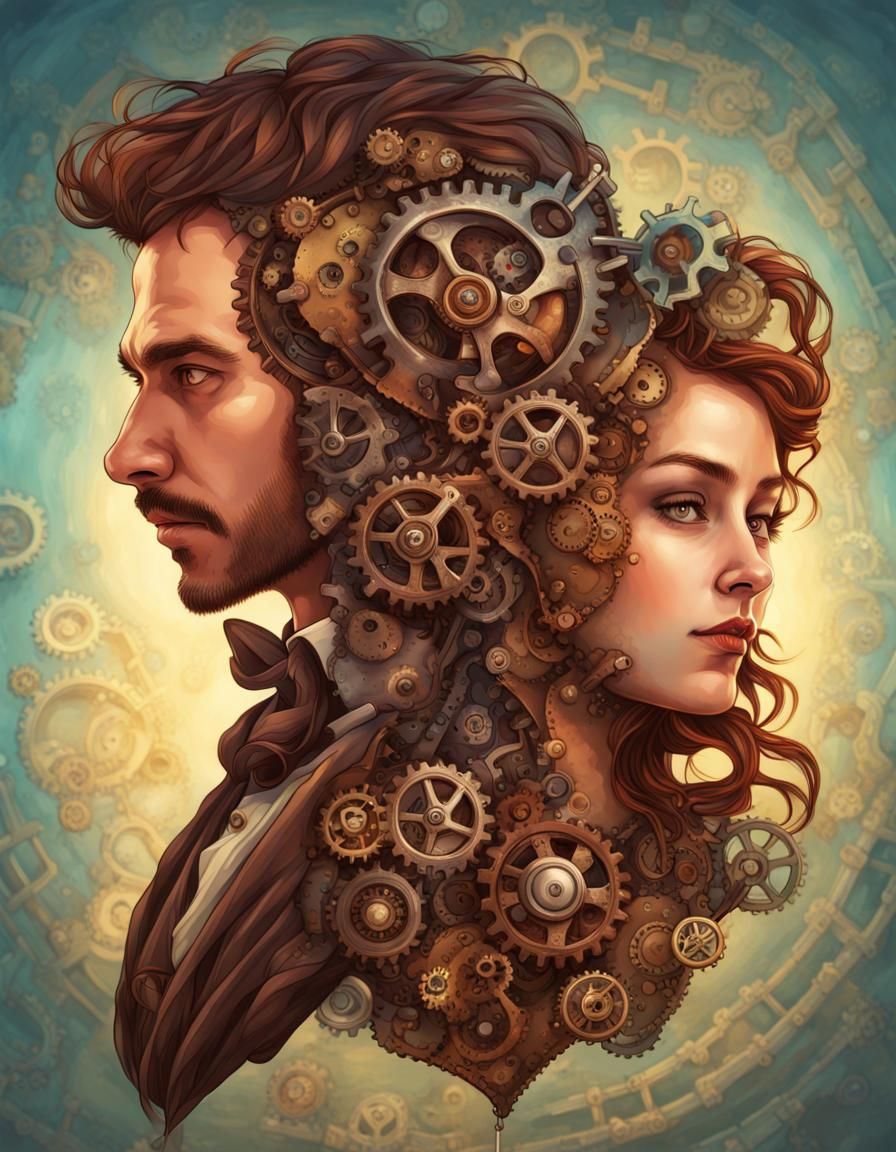 Steampunk Gears Couple in Love: Hyperrealistic Art