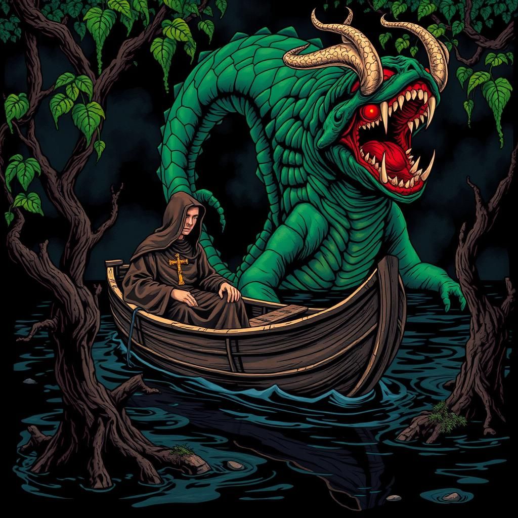 Monk and Sea Monster in Psychedelic Illustration