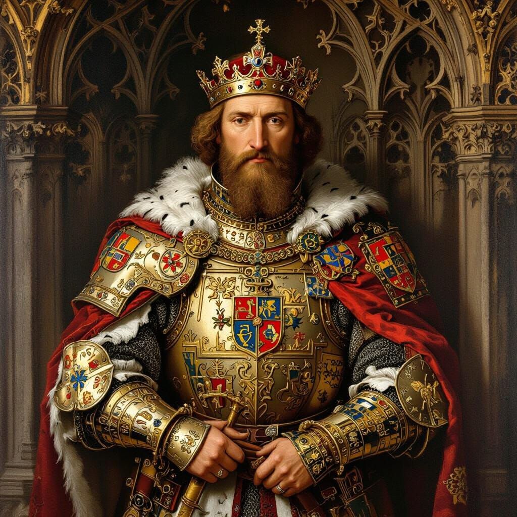 Regal Figure in Medieval Attire Inspired by Renaissance Mast...