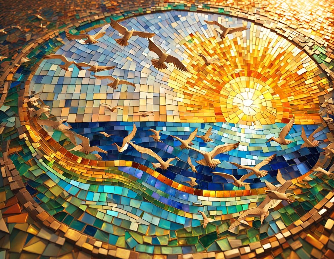 Colorful Mosaic Beach Scene in Stained Glass Style