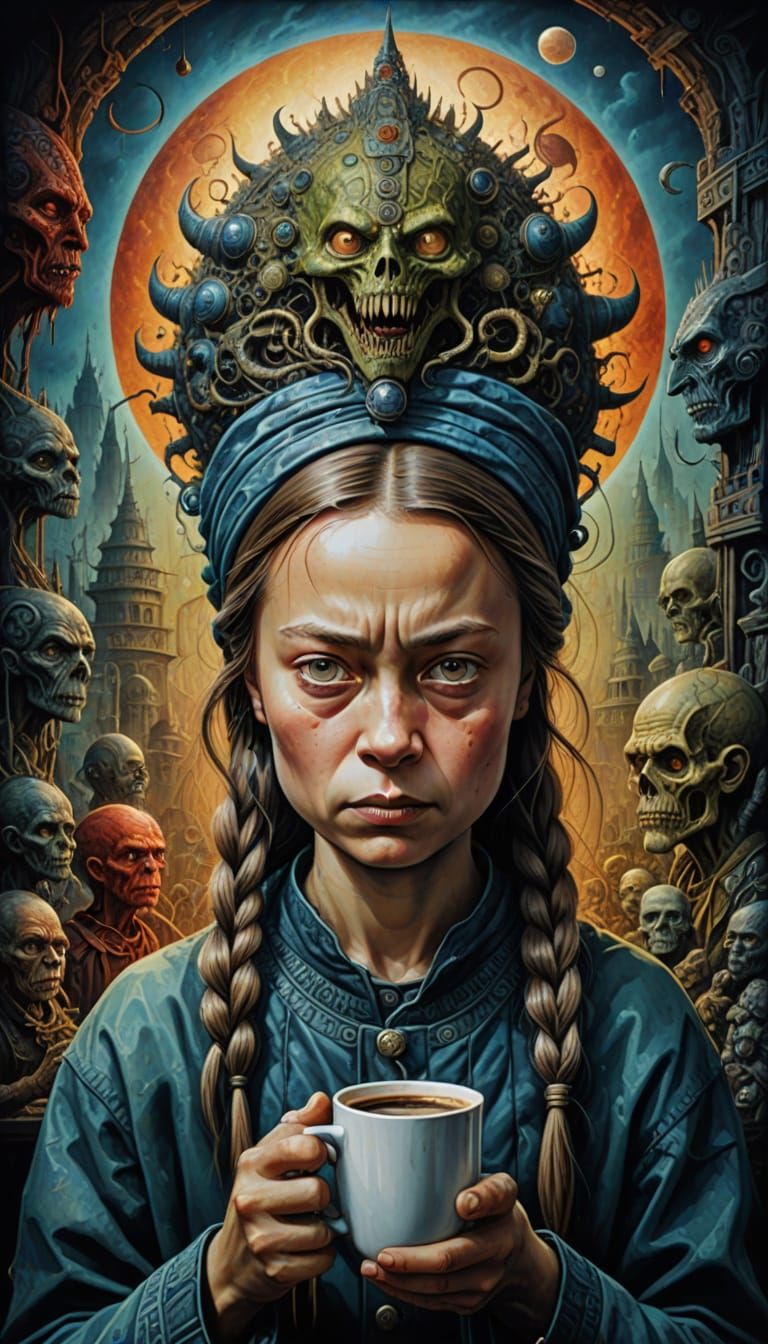 Angry Greta Thunberg Portrait In Surreal Bogomil World Style
