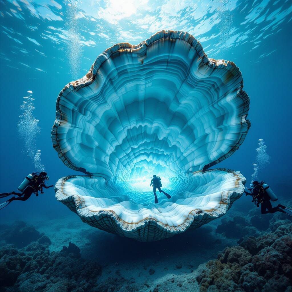 Giant Glowing Clamshell with Awestruck Divers in Ultra-HD