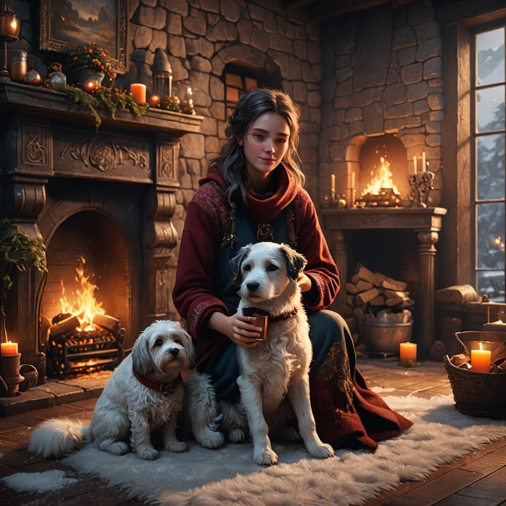 Cozy Fireplace Scene: Girl, Dog, and Hot Chocolate