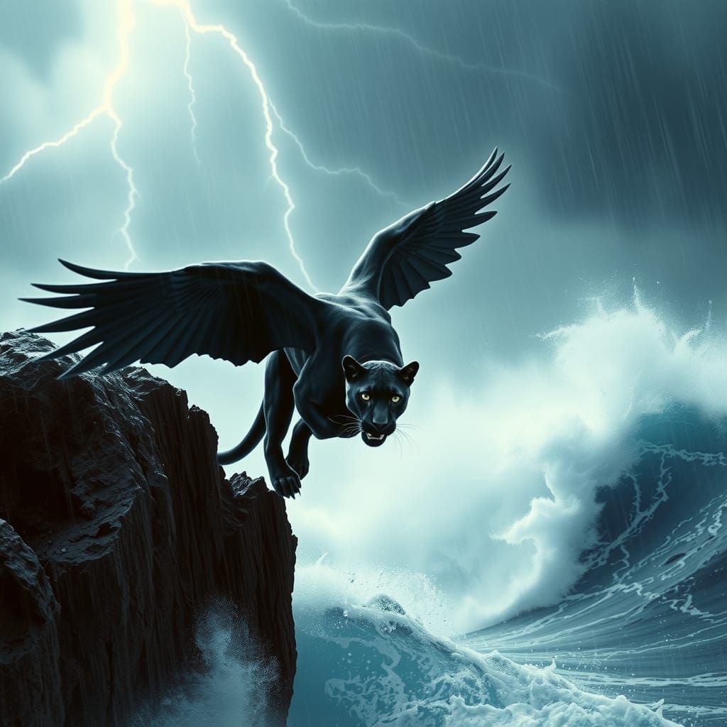 Majestic Panther Soars with Angel Wings into Turbulent Ocean...