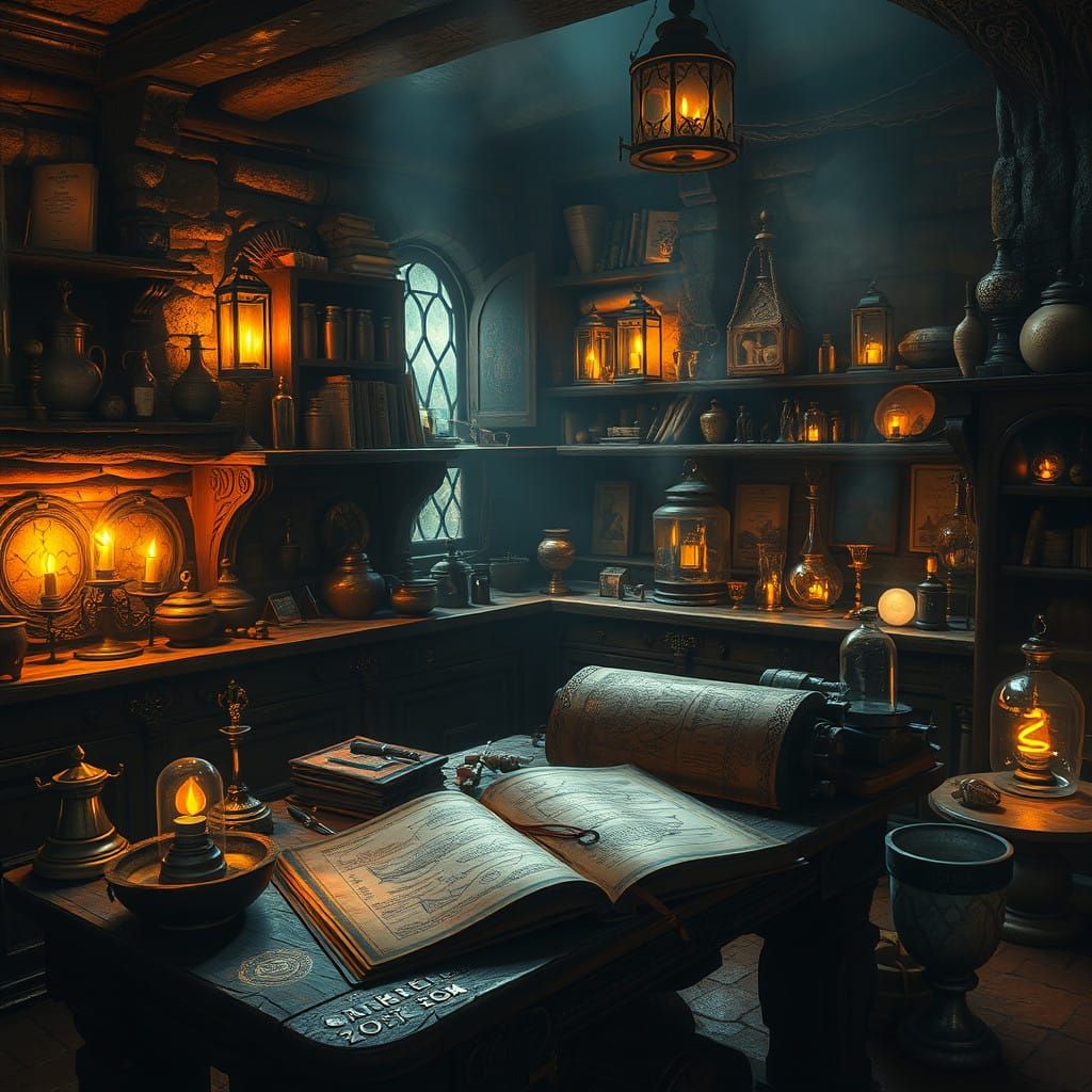 Medieval Alchemist's Mystic Workshop in Warm Golden Light