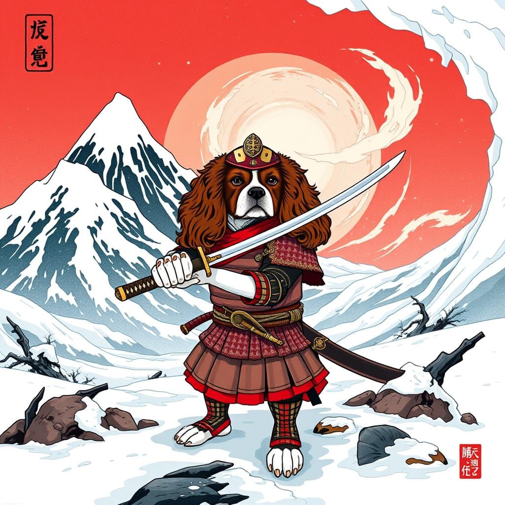 Cavalier King Charles Spaniel Samurai Warrior on Snowy Battl...